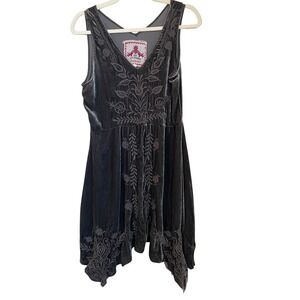 Johnny Was Size S Grey Silk Blend Velvet Embroidered Sharkbite Sleeveless Dress